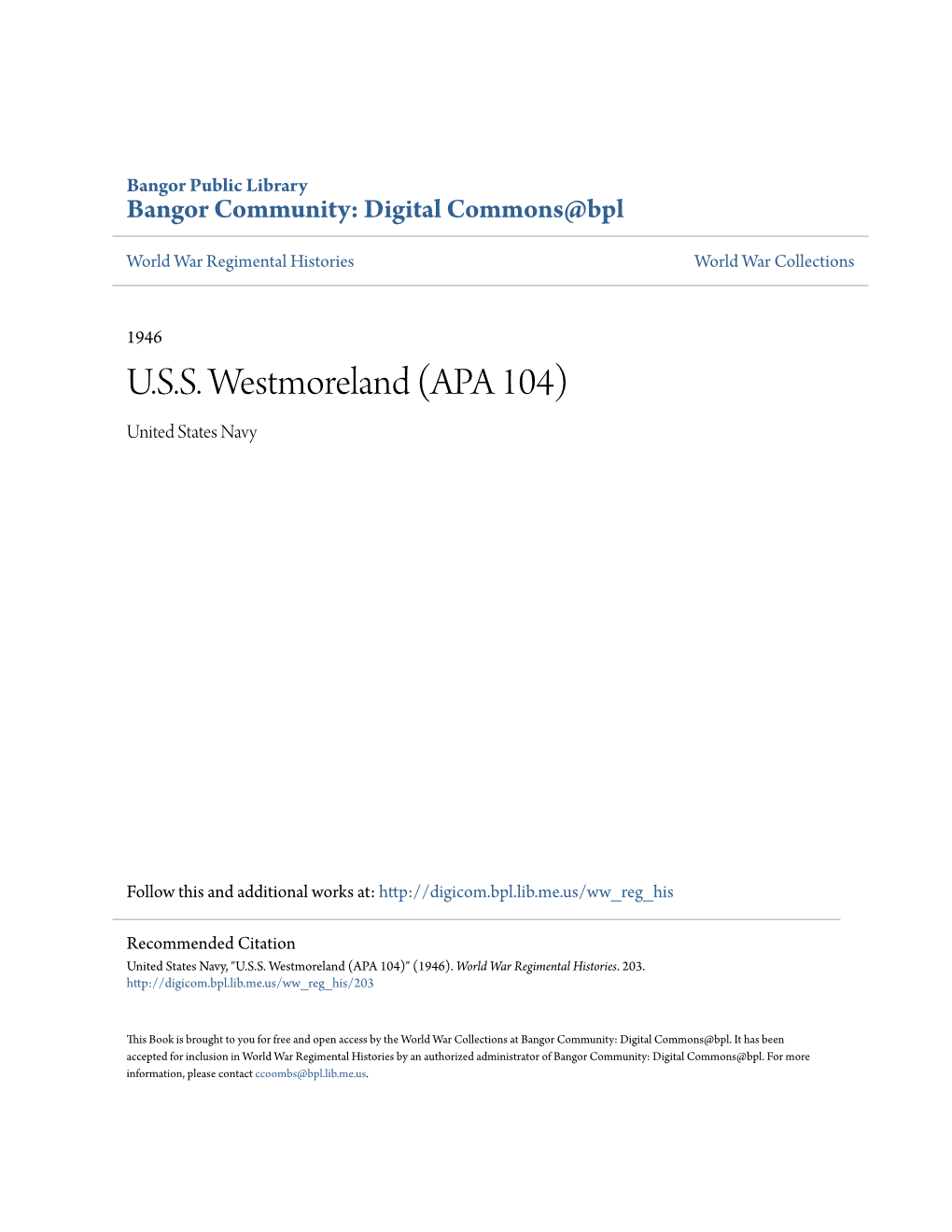 U.S.S. Westmoreland (APA 104) United States Navy