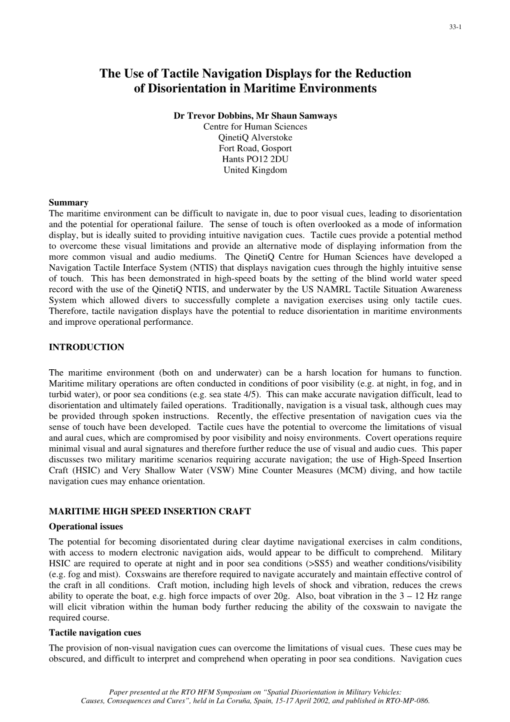 The Use of Tactile Navigation Displays for the Reduction of Disorientation in Maritime Environments