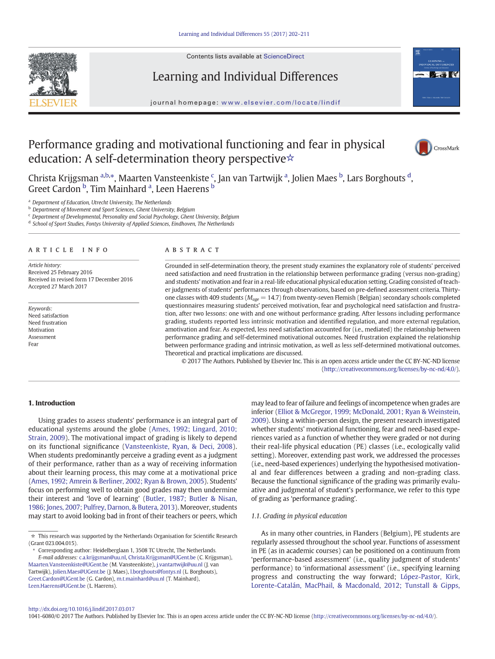 Performance Grading and Motivational Functioning and Fear in Physical Education: a Self-Determination Theory Perspective☆