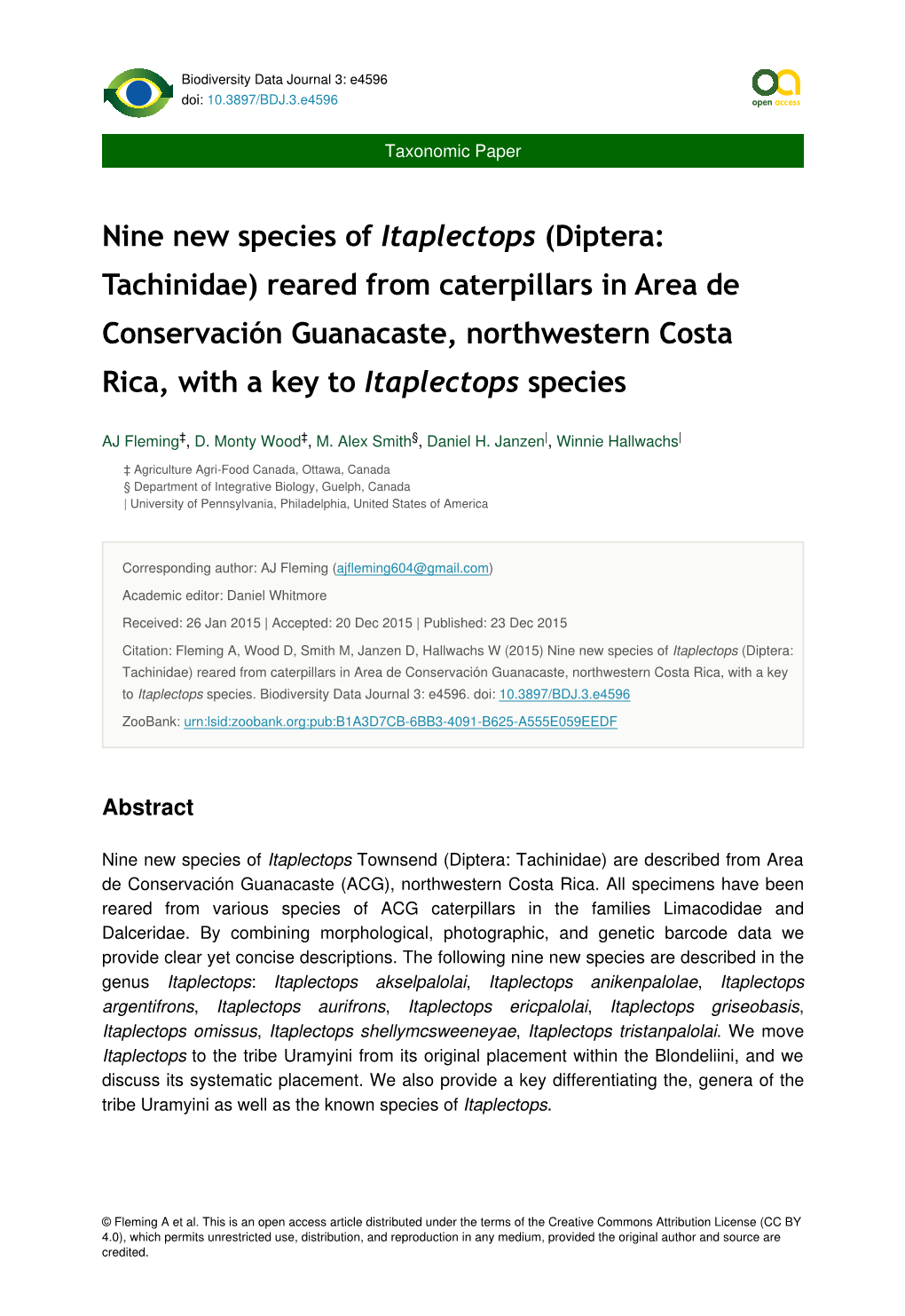 Diptera: Tachinidae) Reared from Caterpillars in Area De Conservación Guanacaste, Northwestern Costa Rica, with a Key to Itaplectops Species