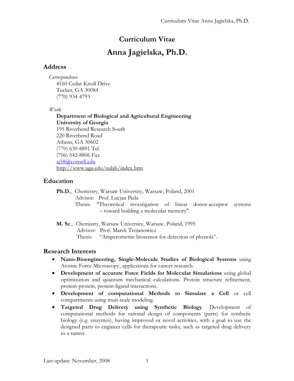 Curriculum Vitae Anna Jagielska, Ph.D