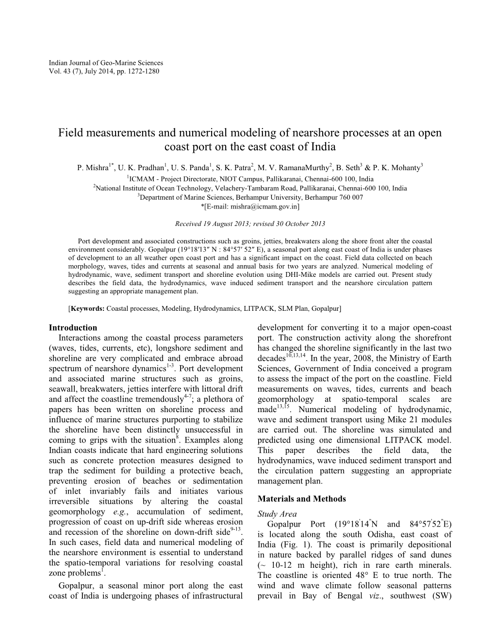 Field Measurements and Numerical Modeling of Nearshore Processes at an Open Coast Port on the East Coast of India