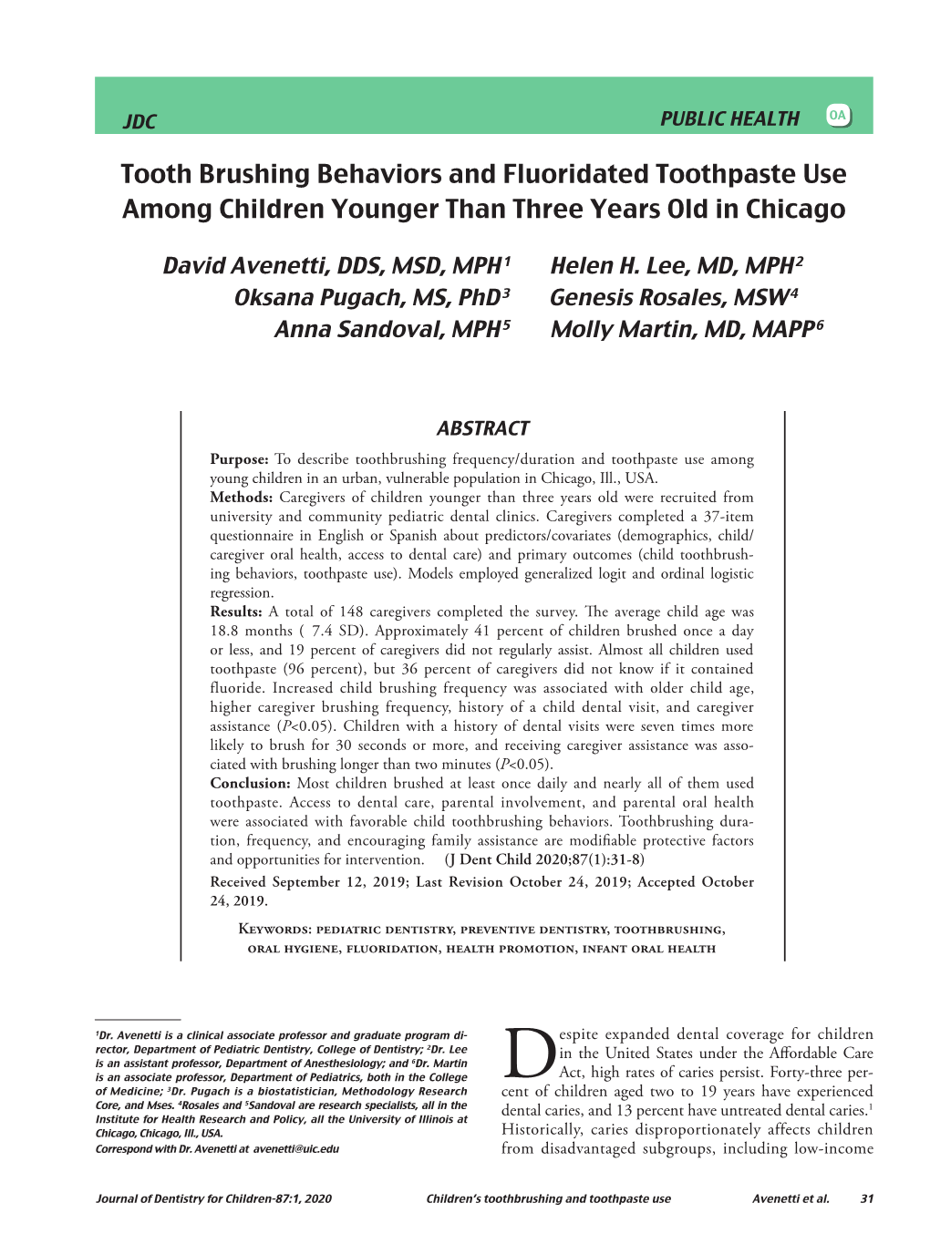 Tooth Brushing Behaviors and Fluoridated Toothpaste Use Among Children Younger Than Three Years Old in Chicago