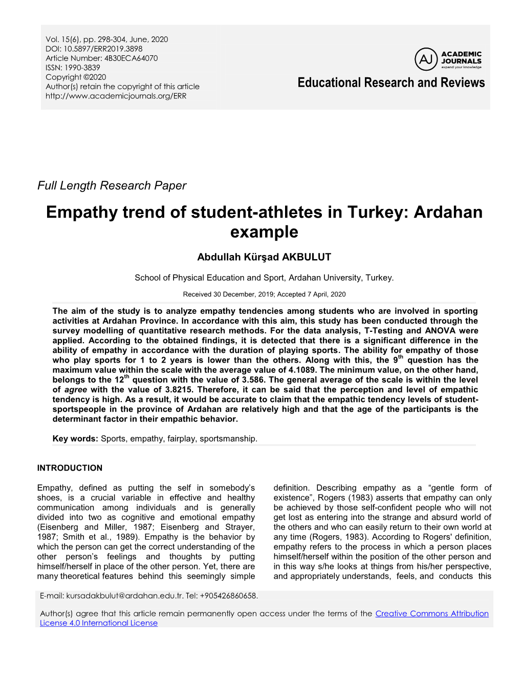 Empathy Trend of Student-Athletes in Turkey: Ardahan Example