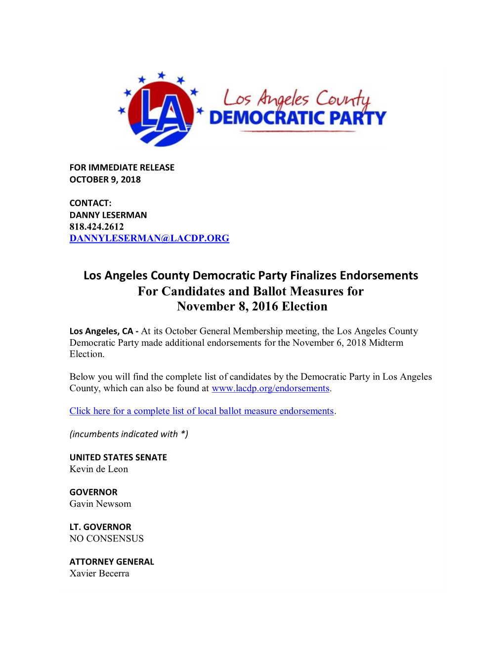 Los Angeles County Democratic Party Finalizes Endorsements for Candidates and Ballot Measures for November 8, 2016 Election