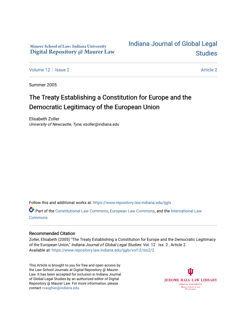 The Treaty Establishing a Constitution for Europe and the Democratic Legitimacy of the European Union