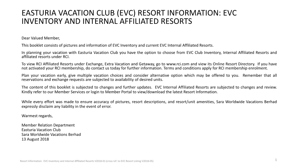 Evc Inventory and Internal Affiliated Resorts