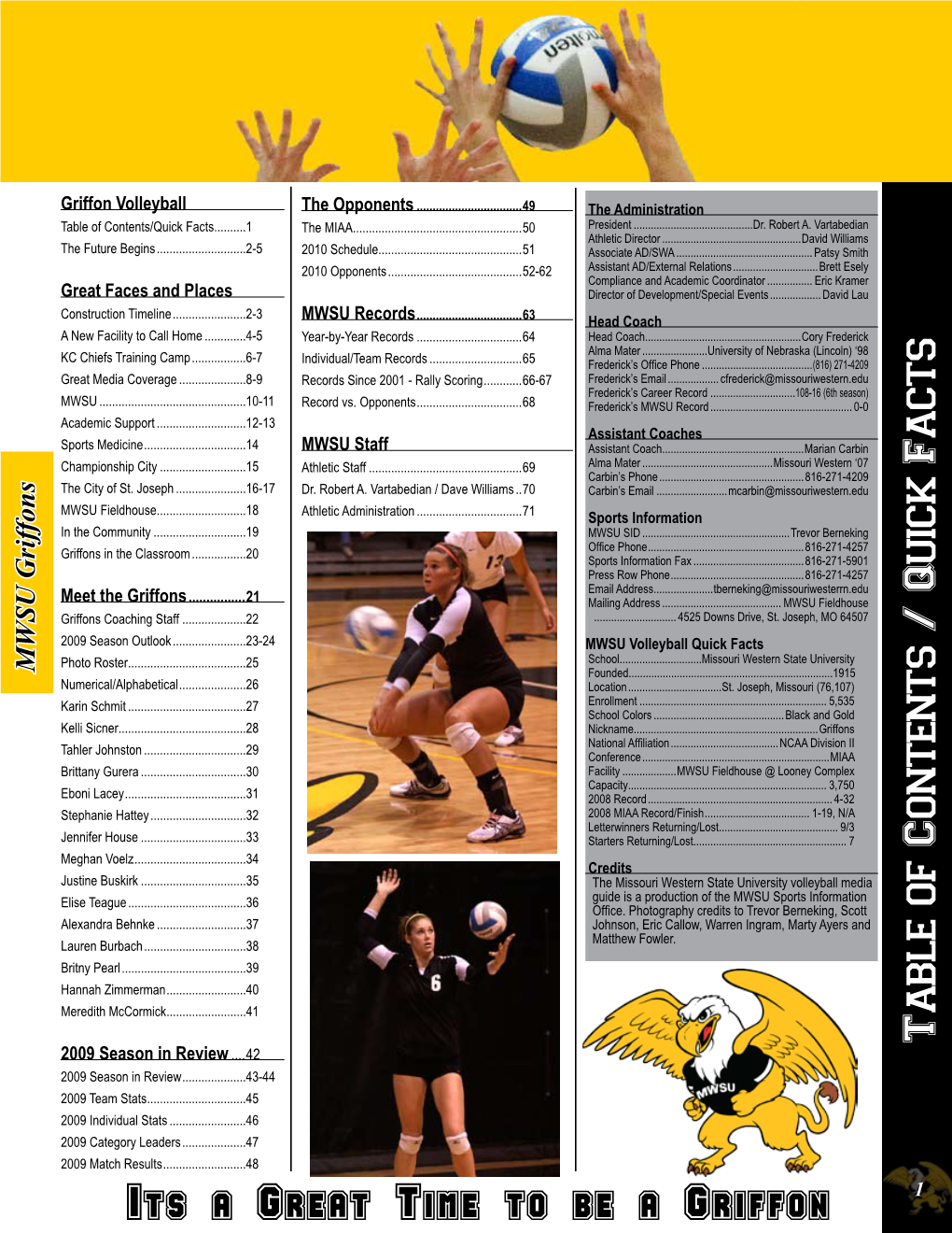 MWSU Griffons 2009 Matchresults 2009 Categoryleaders 2009 Individualstats 2009 Team Stats