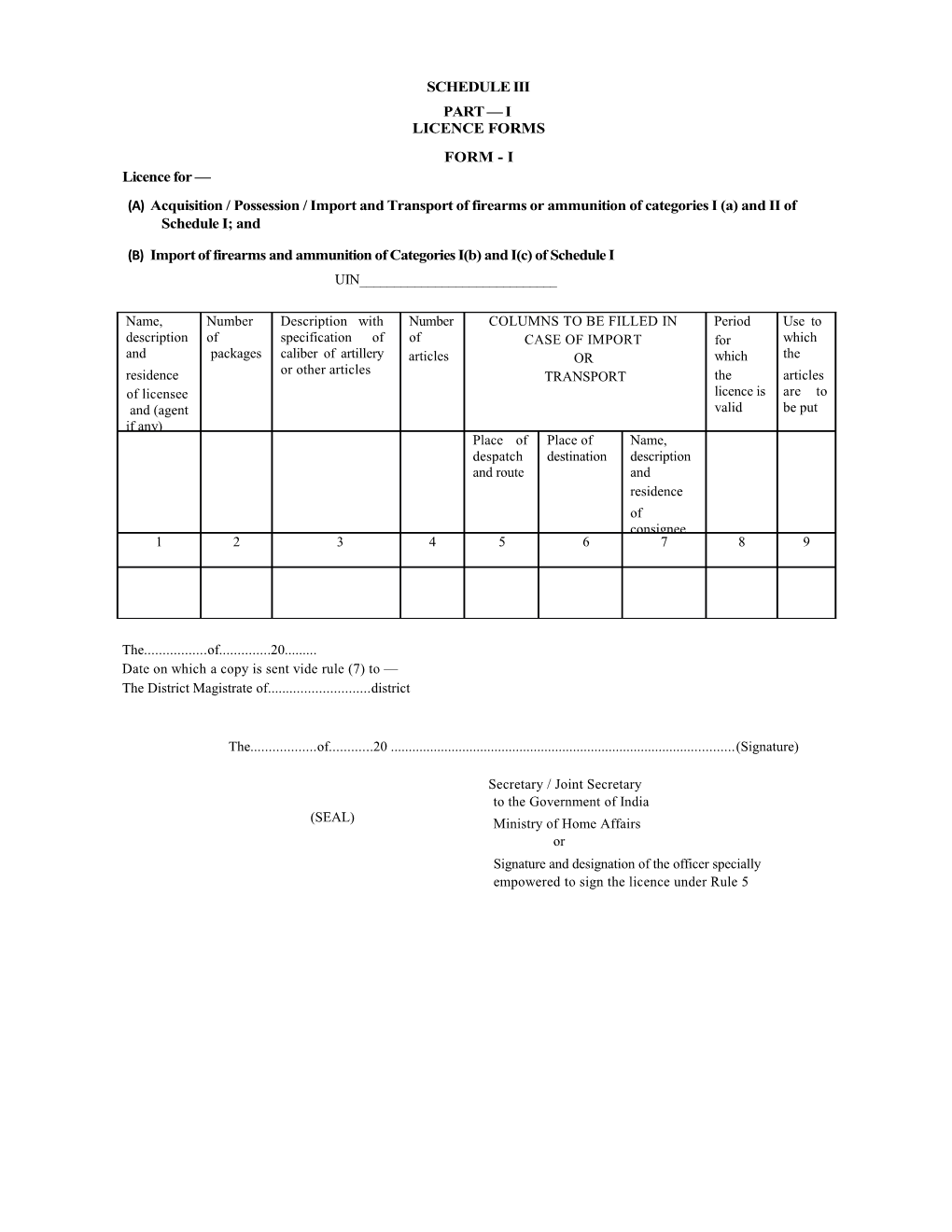 (A) Acquisition / Possession / Import and Transport of Firearms Or Ammunition of Categories