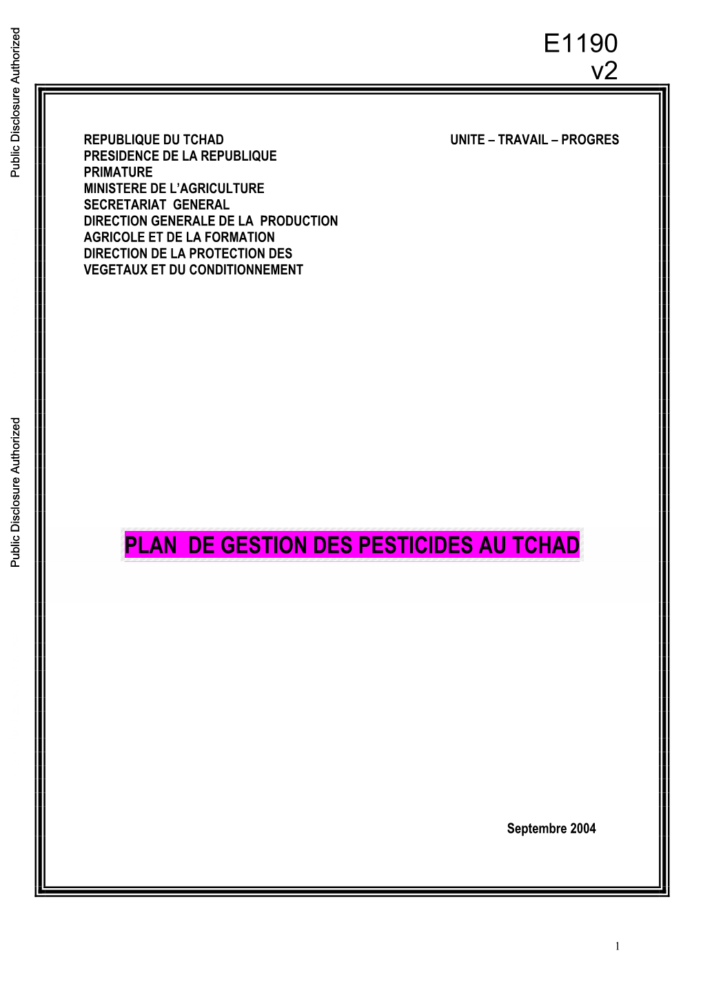 PLAN DE GESTION DES PESTICIDES AU TCHAD Public Disclosure Authorized