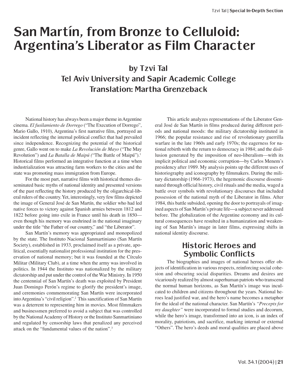 San Martín, from Bronze to Celluloid: Argentina's Liberator As Film