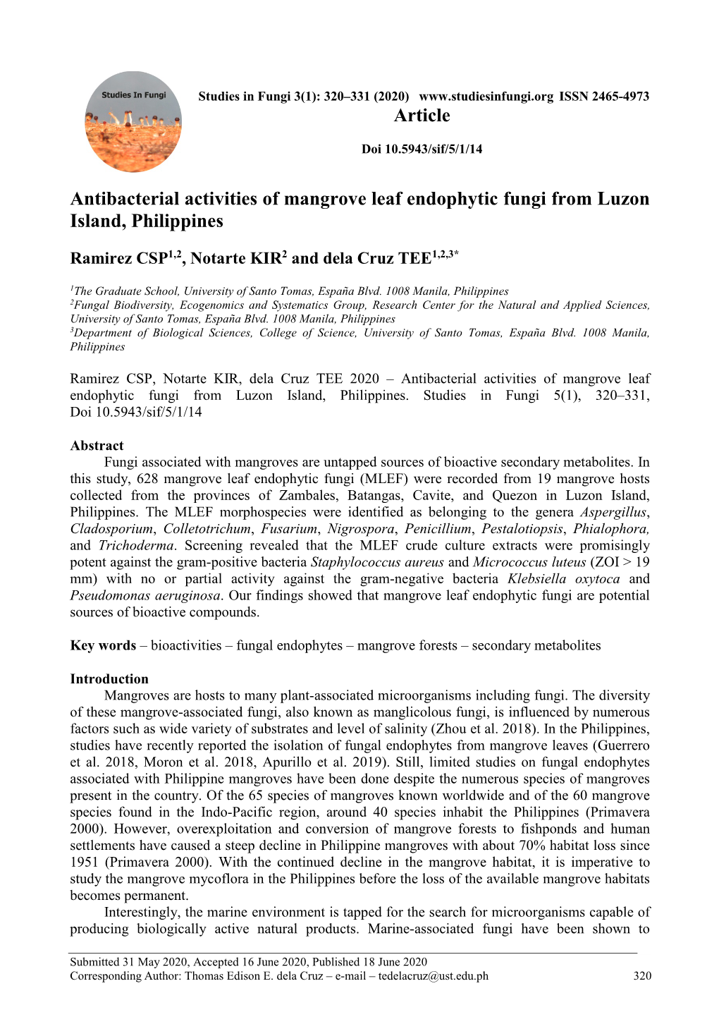 Antibacterial Activities of Mangrove Leaf Endophytic Fungi from Luzon Island, Philippines
