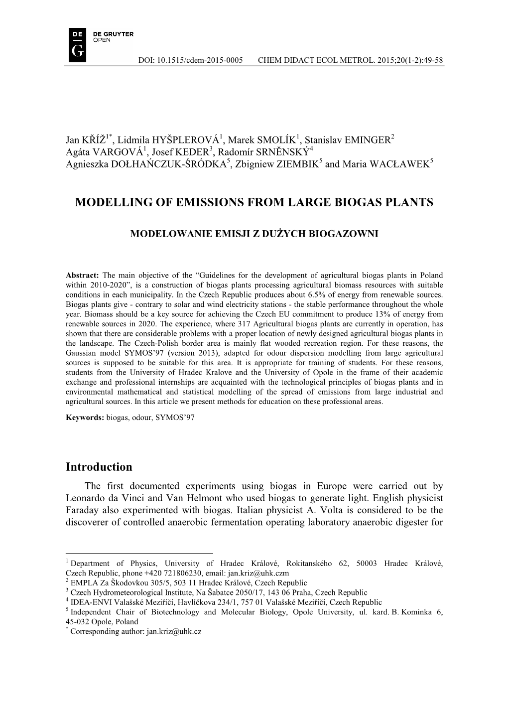 MODELLING of EMISSIONS from LARGE BIOGAS PLANTS Introduction