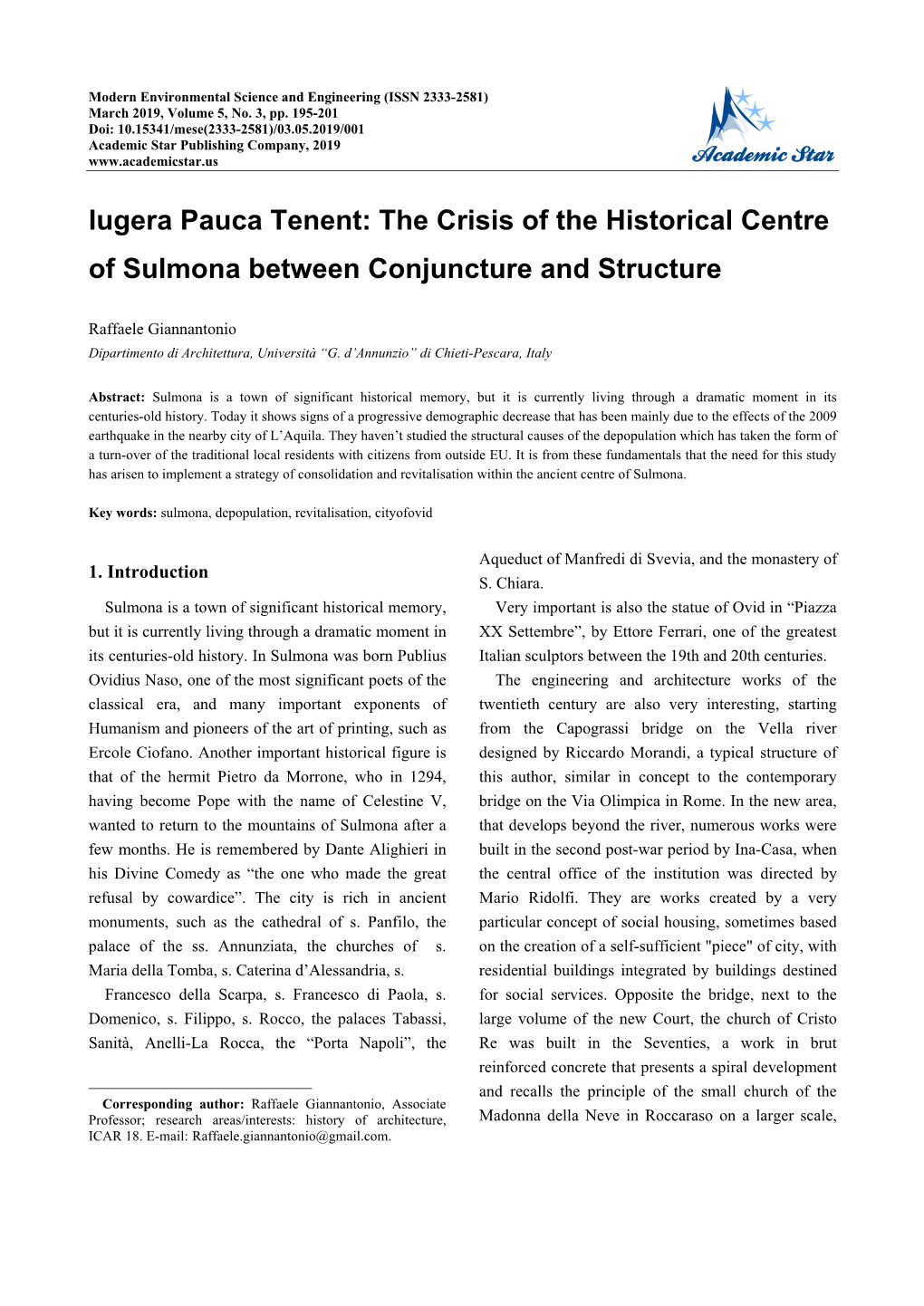 Iugera Pauca Tenent: the Crisis of the Historical Centre of Sulmona Between Conjuncture and Structure