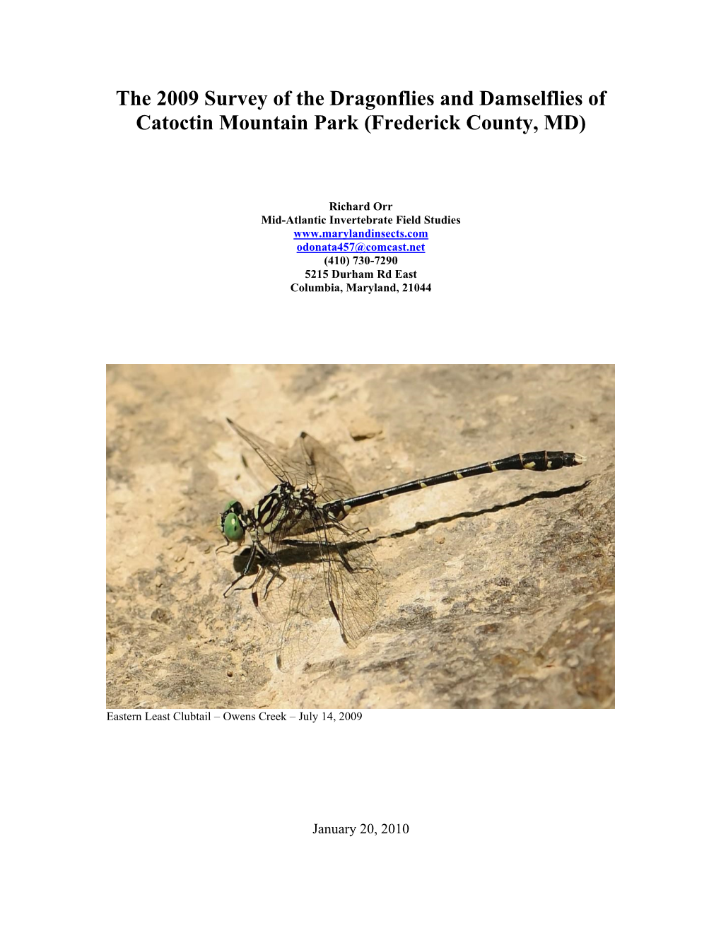 The 2009 Survey of the Dragonflies and Damselflies of Catoctin Mountain Park (Frederick County, MD)