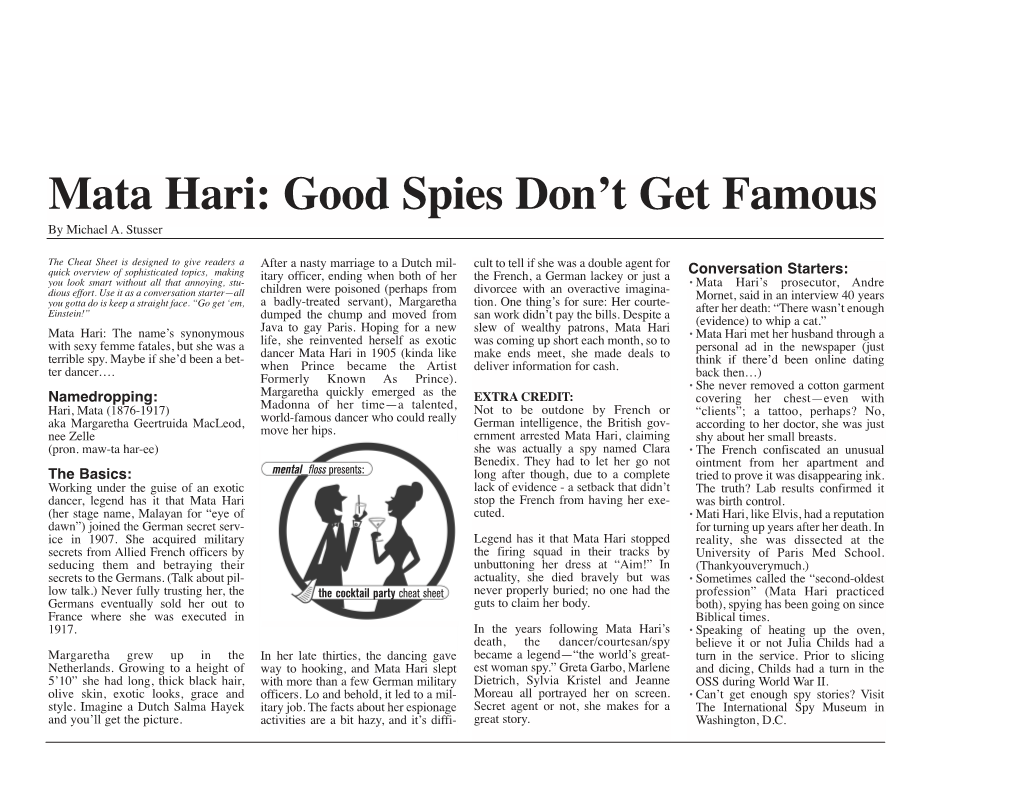 Mata Hari: Good Spies Don’T Get Famous by Michael A