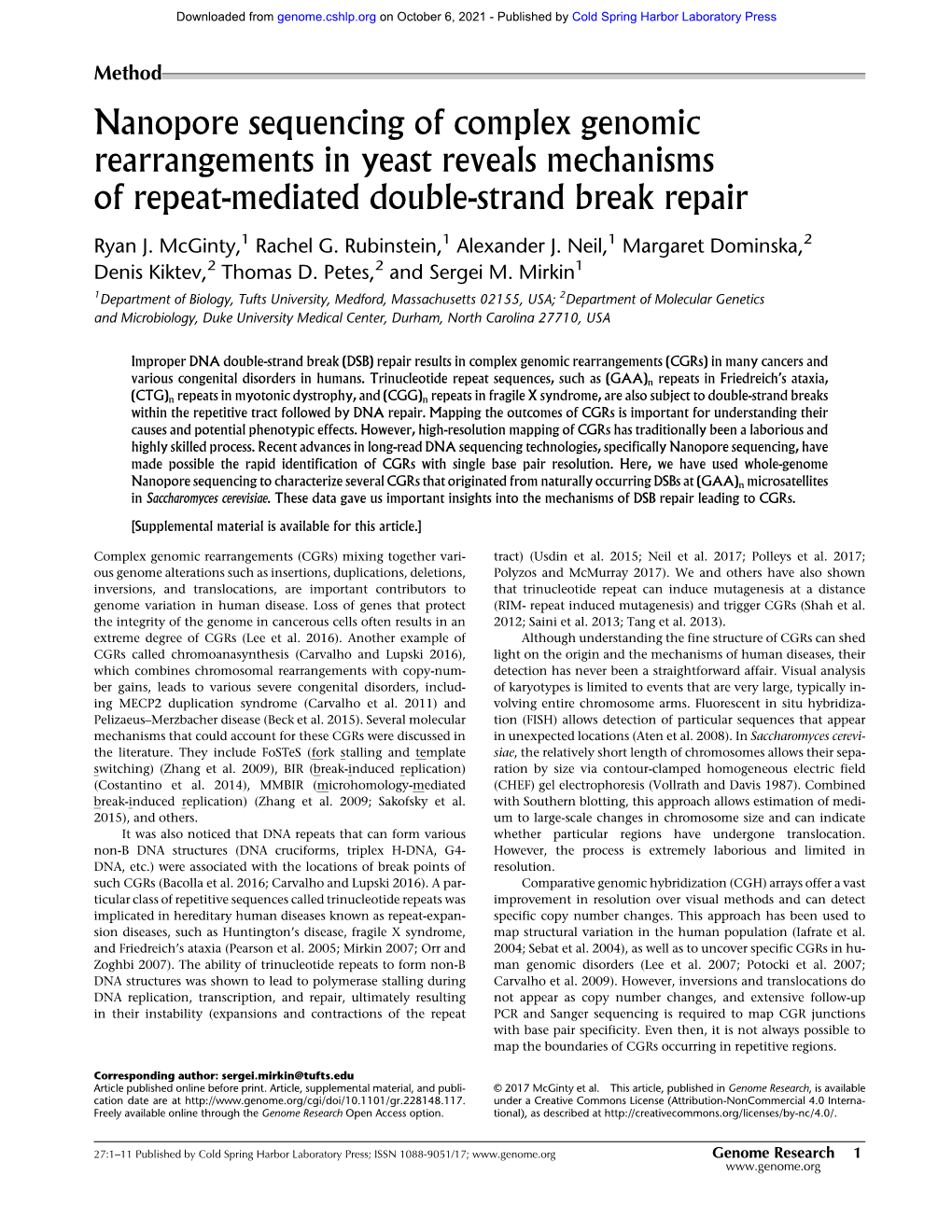 Nanopore Sequencing of Complex Genomic Rearrangements in Yeast Reveals Mechanisms of Repeat-Mediated Double-Strand Break Repair