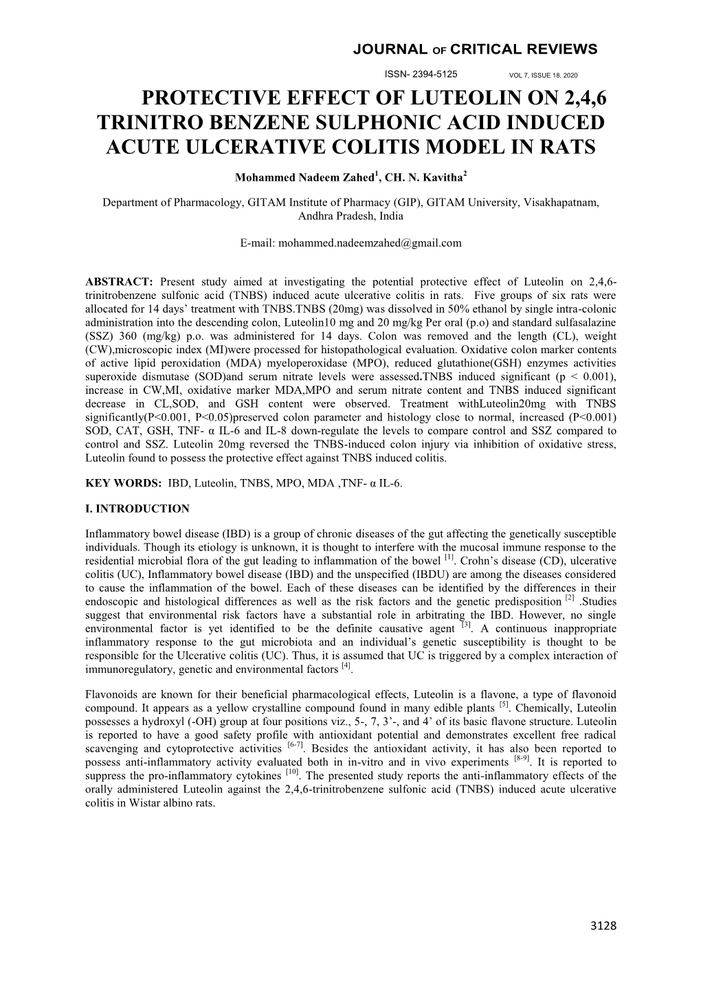 T Tdprotective Effect of Luteolin on 2,4,6 Trinitro Benzene Sulphonic Acid Induced Acute Ulcerative Colitis Model in Rats