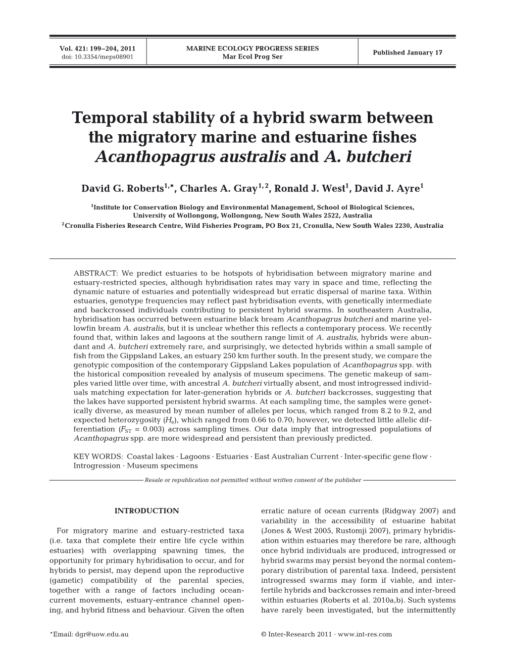 Temporal Stability of a Hybrid Swarm Between the Migratory Marine and Estuarine Fishes Acanthopagrus Australis and A