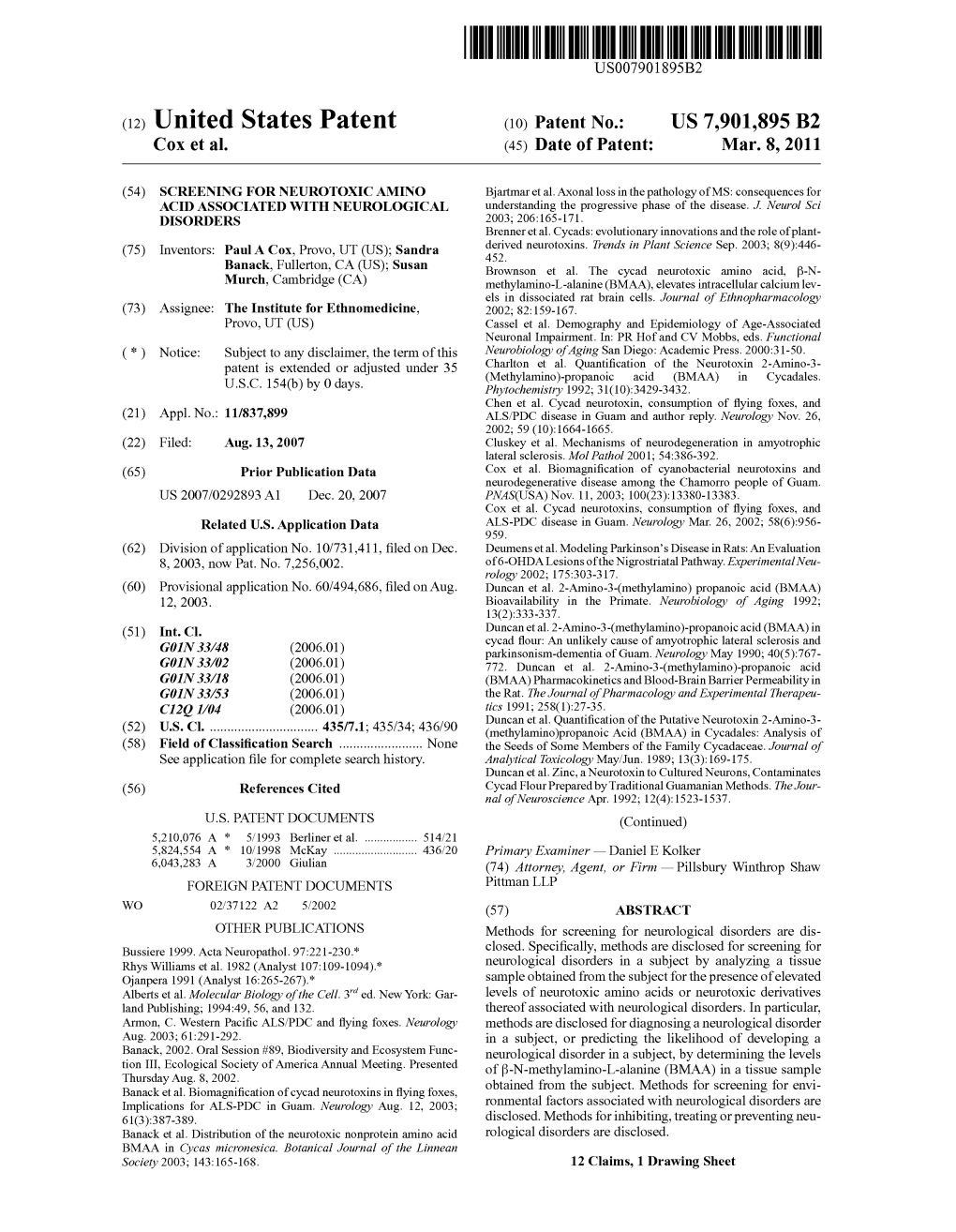 (12) United States Patent (10) Patent No.: US 7,901,895 B2 Cox Et Al