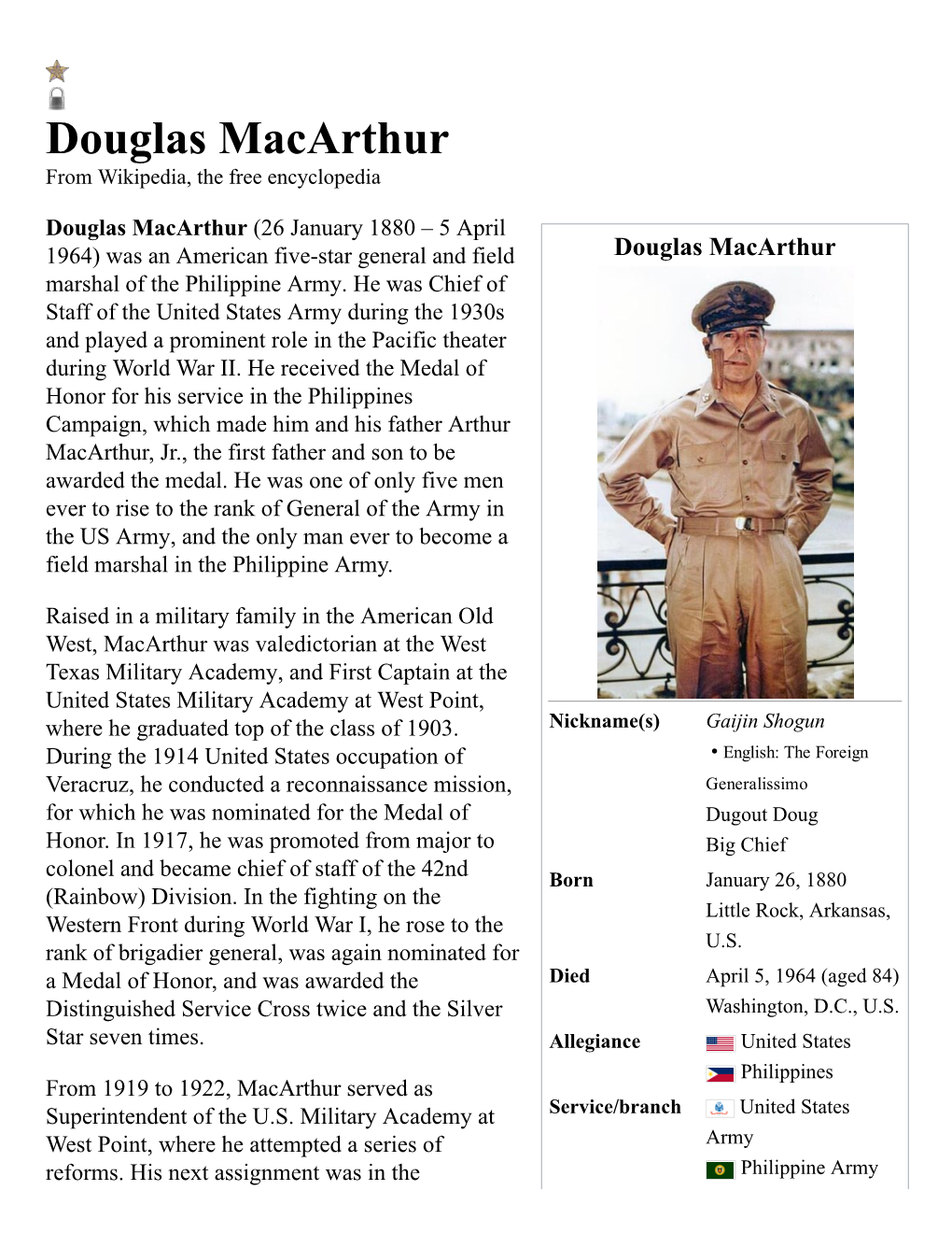 Douglas Macarthur from Wikipedia, the Free Encyclopedia