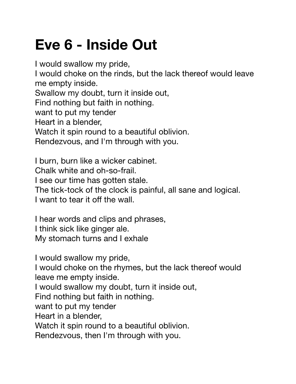 Eve 6 - Inside out I Would Swallow My Pride, I Would Choke on the Rinds, but the Lack Thereof Would Leave Me Empty Inside