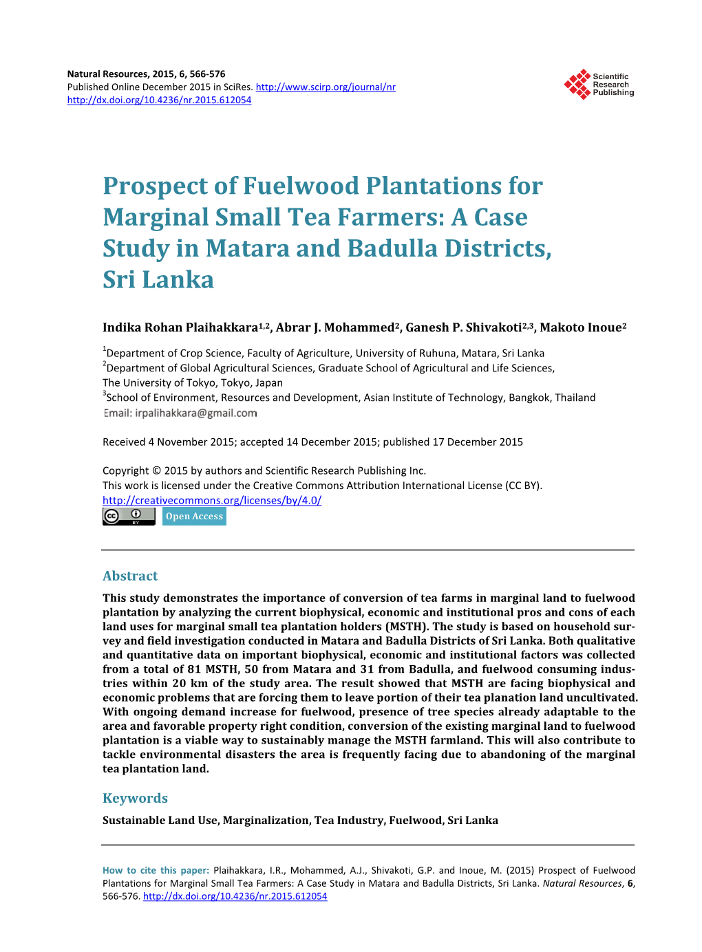 Prospect of Fuelwood Plantations for Marginal Small Tea Farmers: a Case Study in Matara and Badulla Districts, Sri Lanka