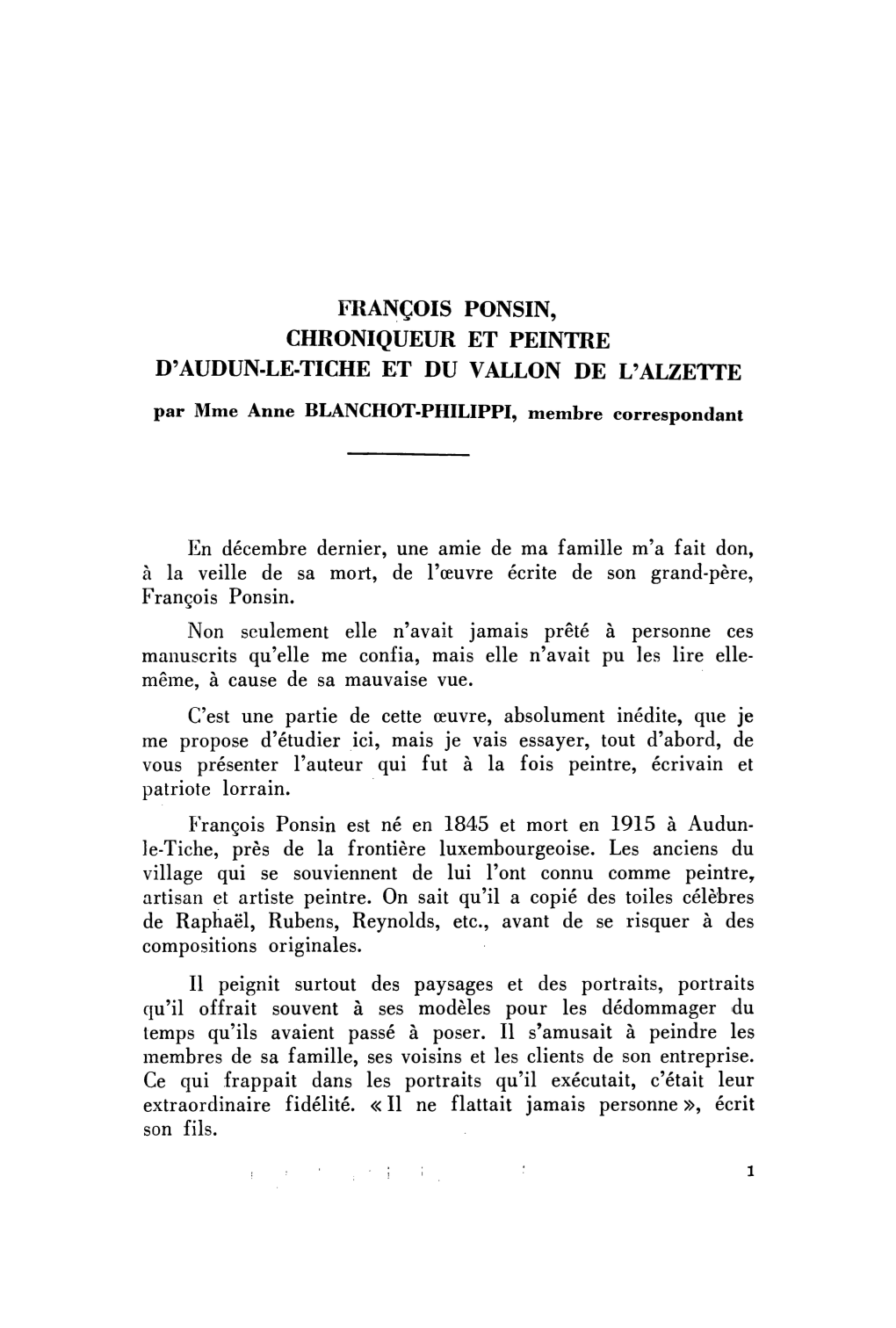 François Ponsin, Chroniqueur Et Peintre D'audun-Le-Tiche Et Du Vallon De L'alzette