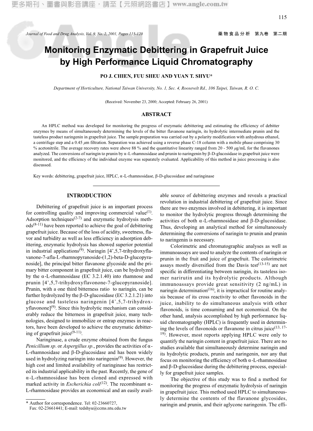 Monitoring Enzymatic Debittering in Grapefruit Juice by High Performance Liquid Chromatography