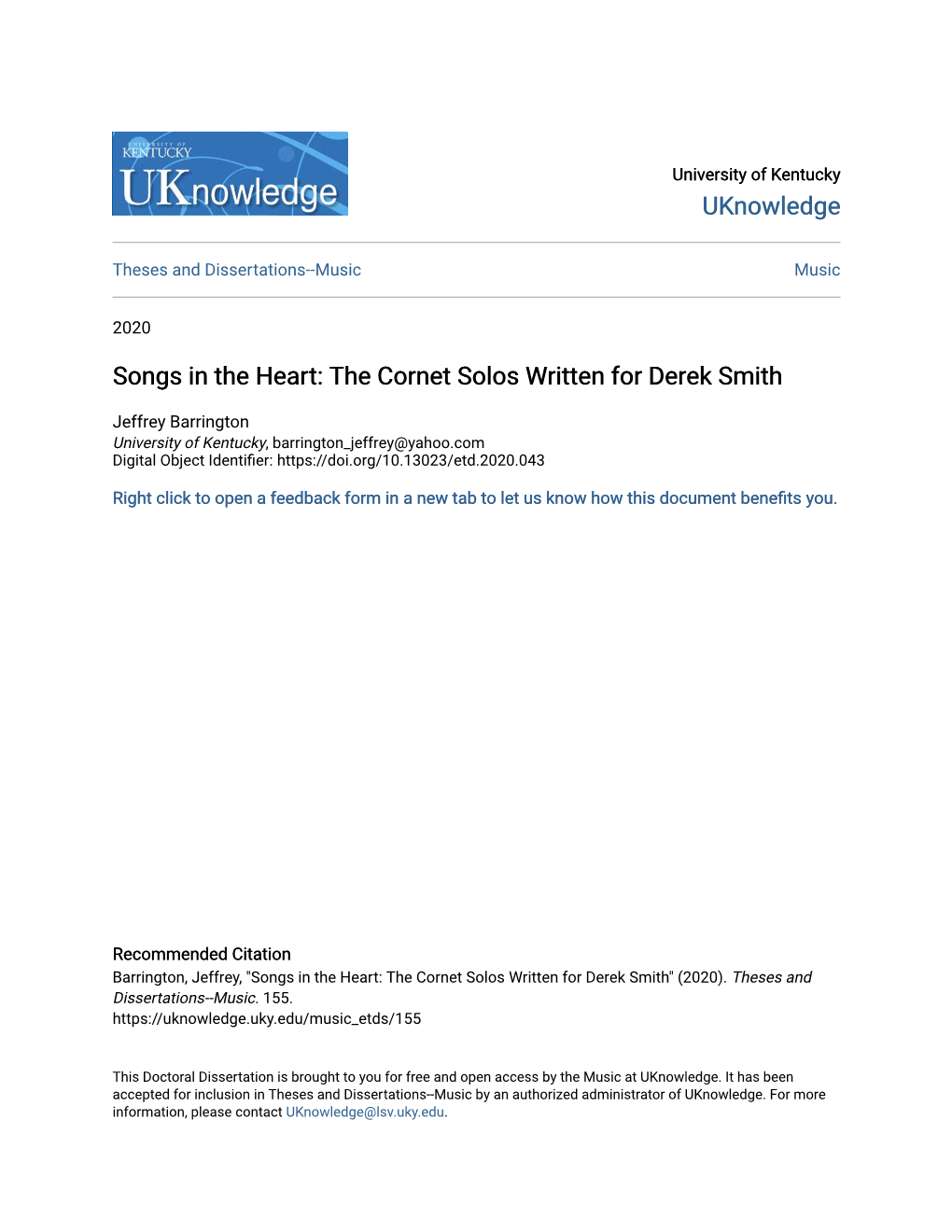 Songs in the Heart: the Cornet Solos Written for Derek Smith