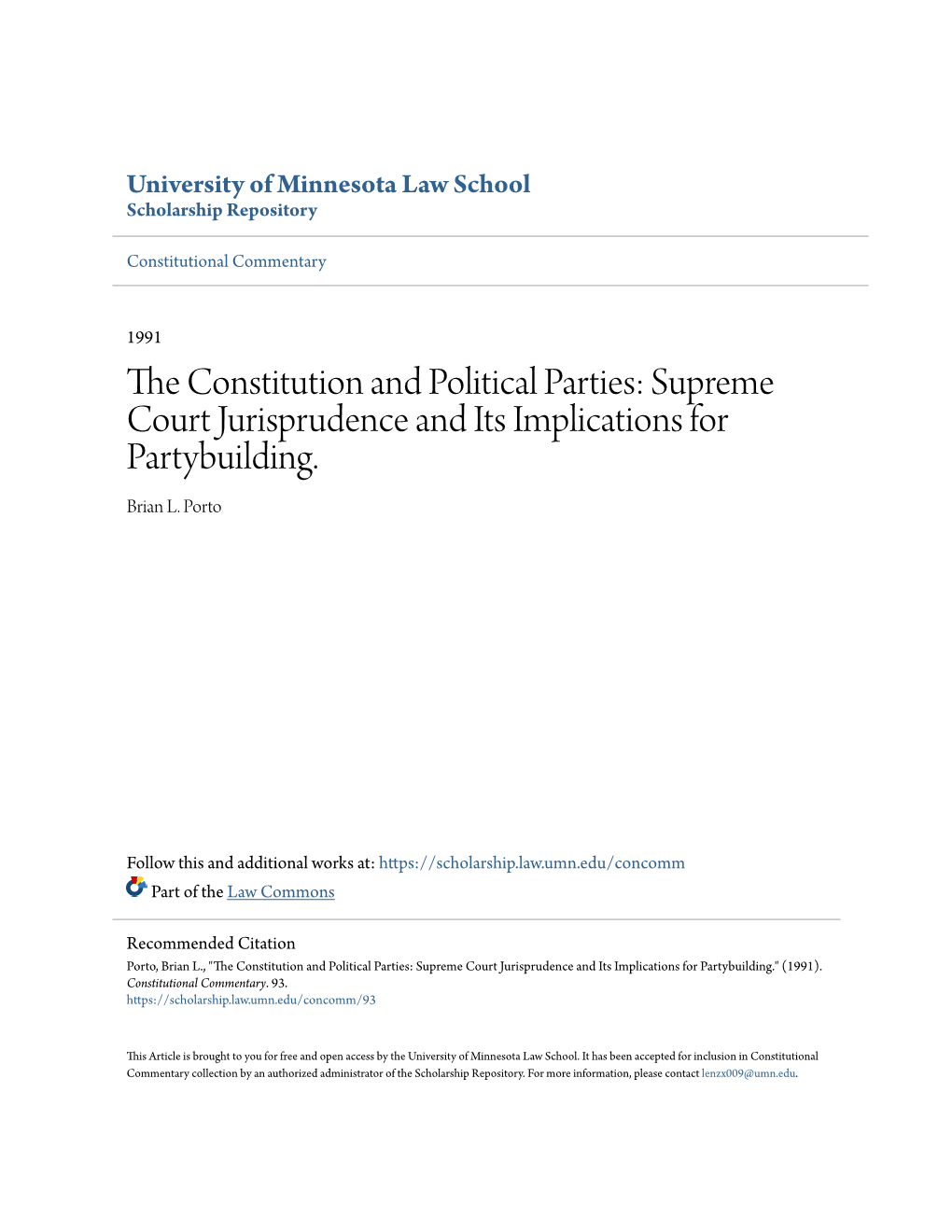 The Constitution and Political Parties: Supreme Court Jurisprudence and Its Implications for Partybuilding