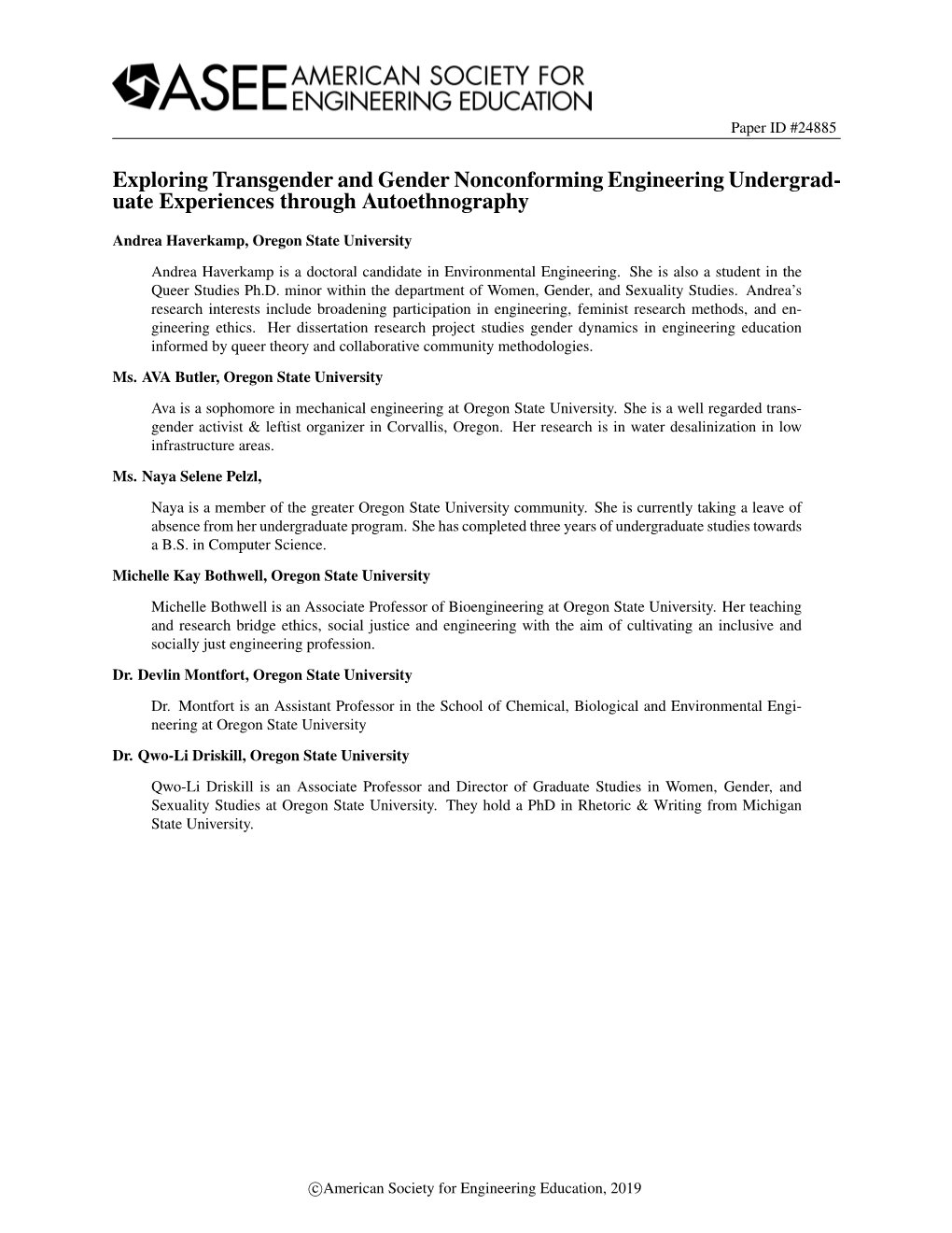 Exploring Transgender and Gender Nonconforming Engineering Undergrad- Uate Experiences Through Autoethnography
