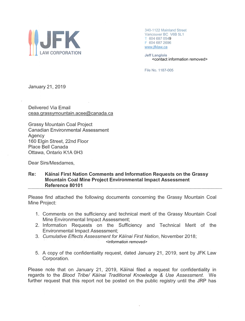 From JFK Law Corporation on Behalf of Káínai First Nation to the Joint