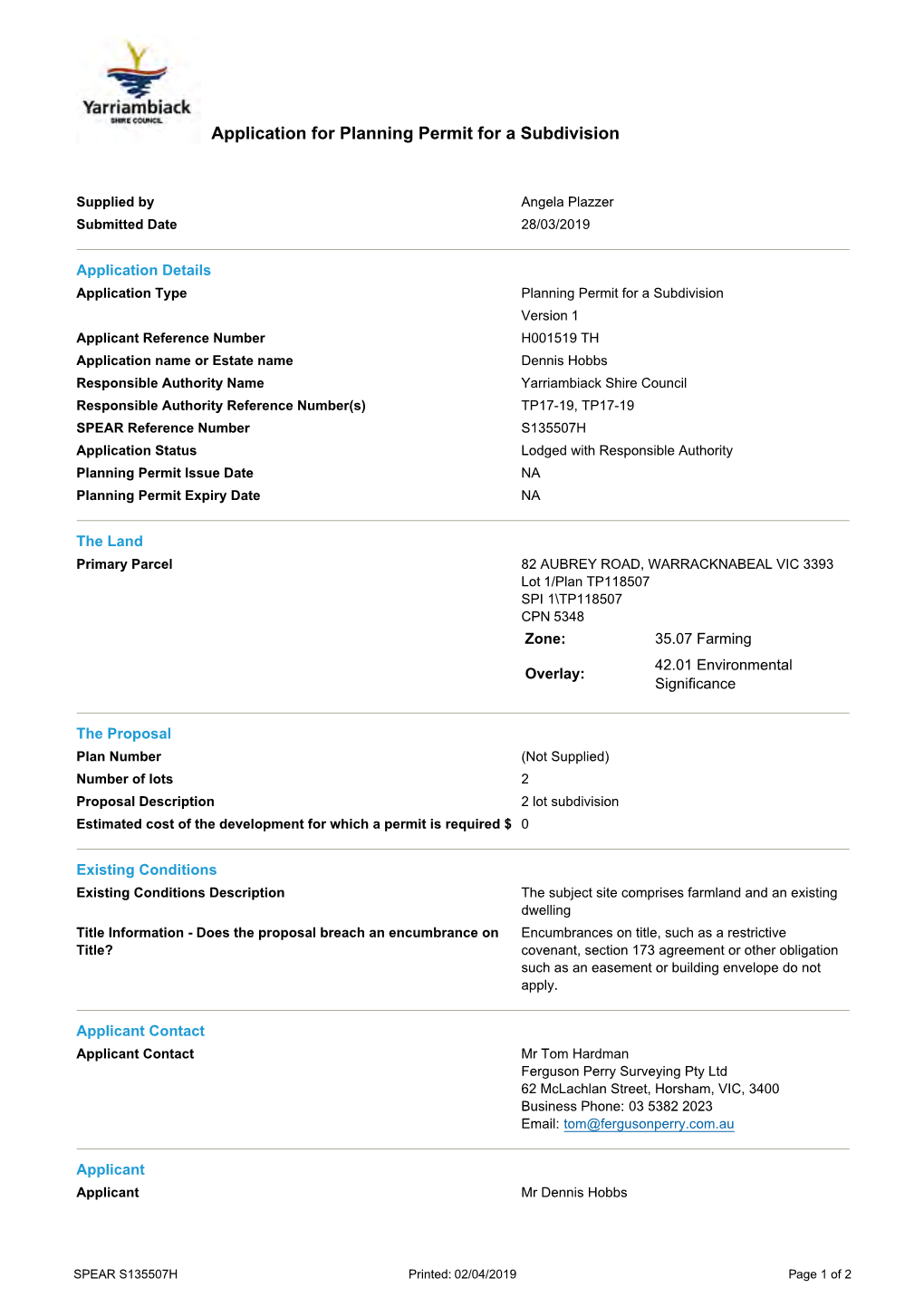 Application for Planning Permit for a Subdivision