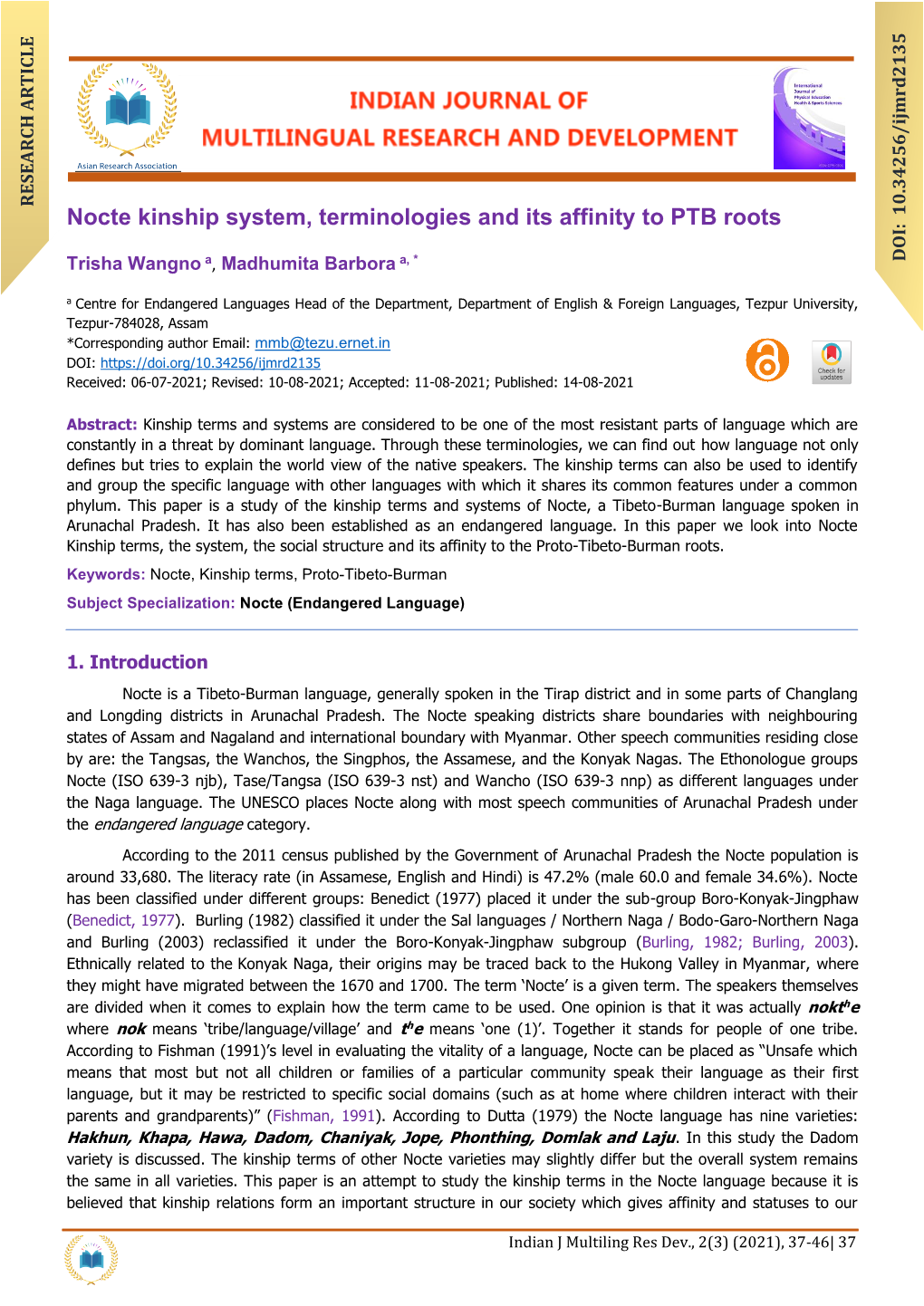 Nocte Kinship System, Terminologies and Its Affinity to PTB Roots, Indian Journal of Multilingual Research and Development, Vol 2, Iss 3, (2021) 37-46