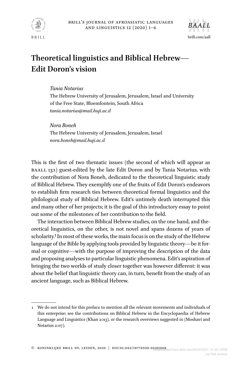 Theoretical Linguistics and Biblical Hebrew— Edit Doron's Vision