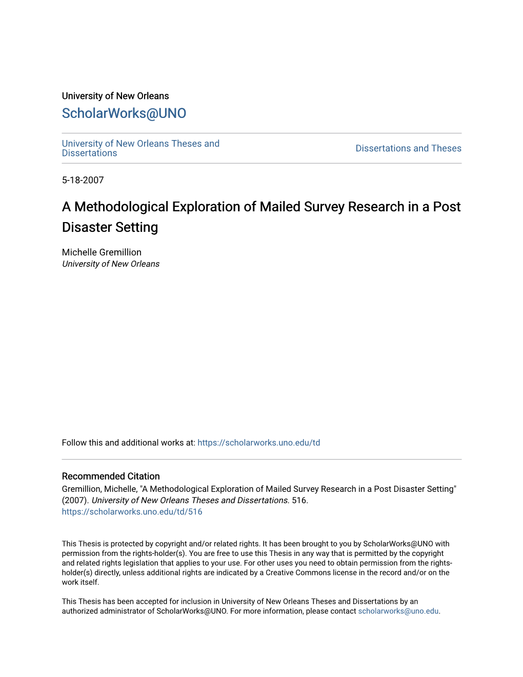 A Methodological Exploration of Mailed Survey Research in a Post Disaster Setting