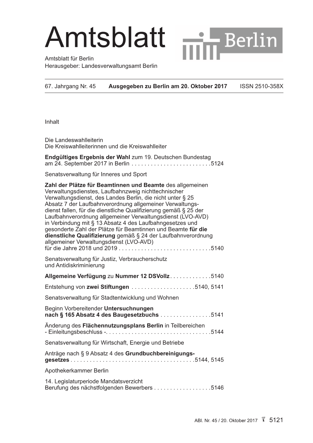 Amtsblatt Für Berlin Nummer 45 Vom 20. Oktober 2017