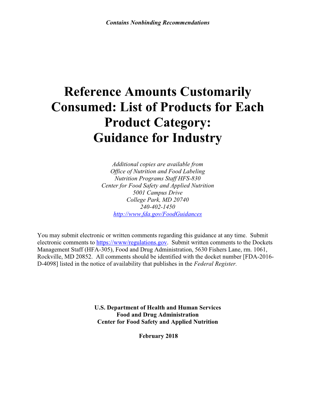 Reference Amounts Customarily Consumed: List of Products for Each Product Category: Guidance for Industry