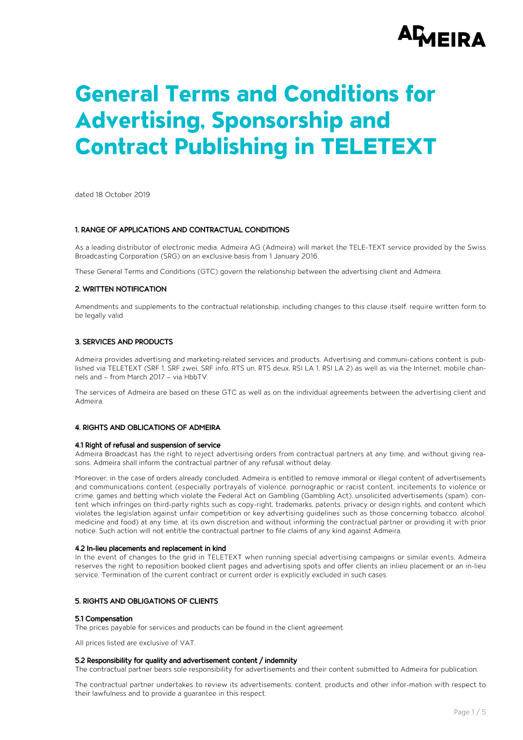 General Terms and Conditions for Advertising, Sponsorship and Contract Publishing in TELETEXT