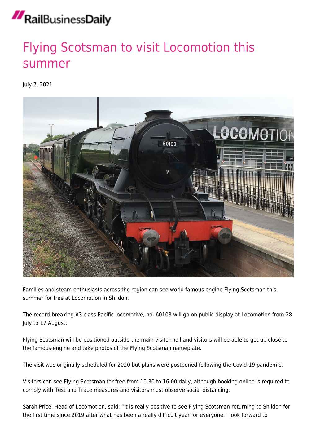 Flying Scotsman to Visit Locomotion This Summer