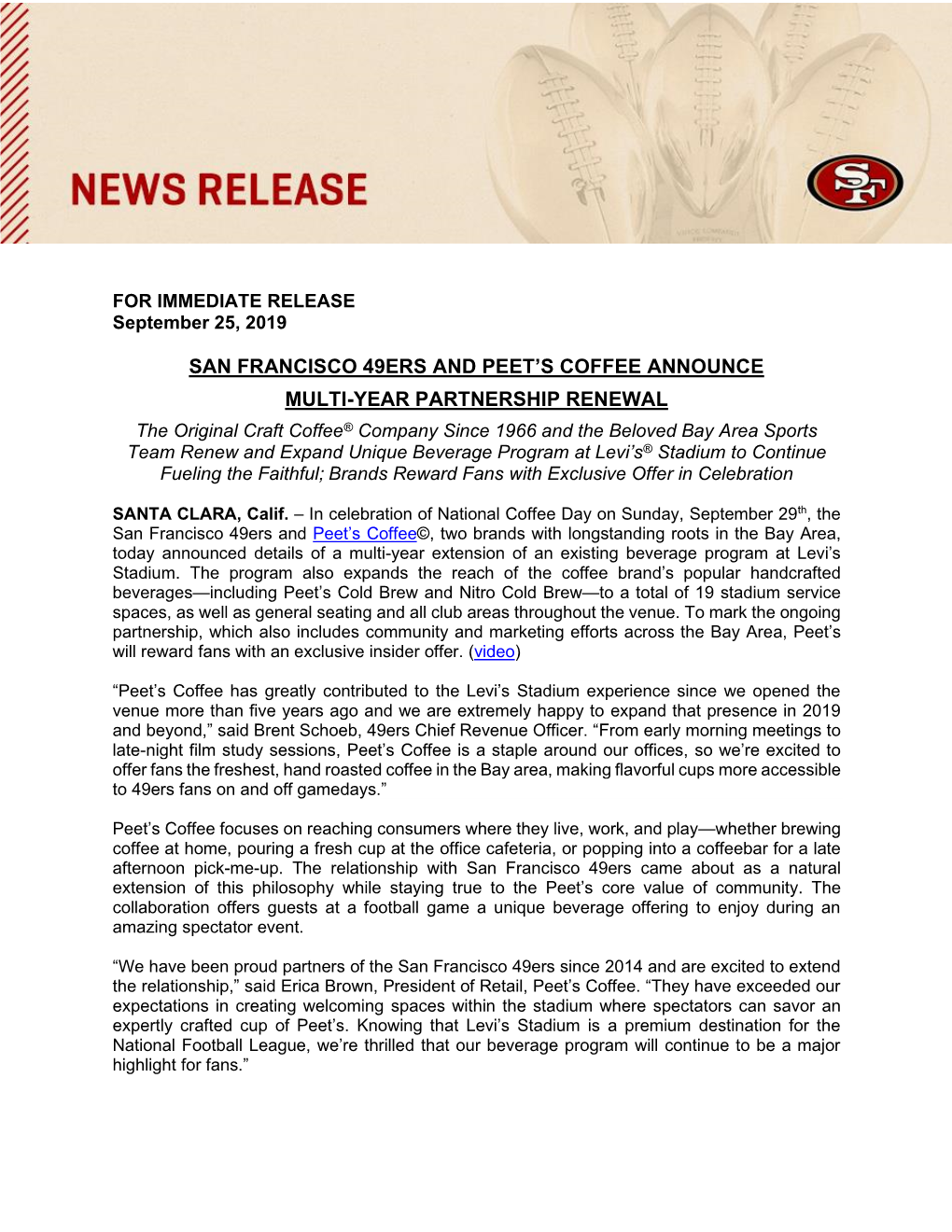 San Francisco 49Ers and Peet's Coffee Announce