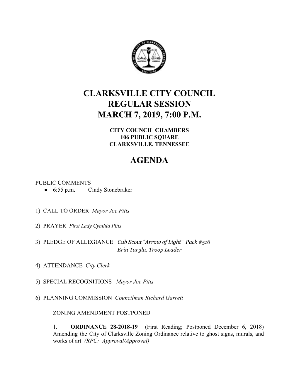 Clarksville City Council Regular Session March 7, 2019, 7:00 Pm