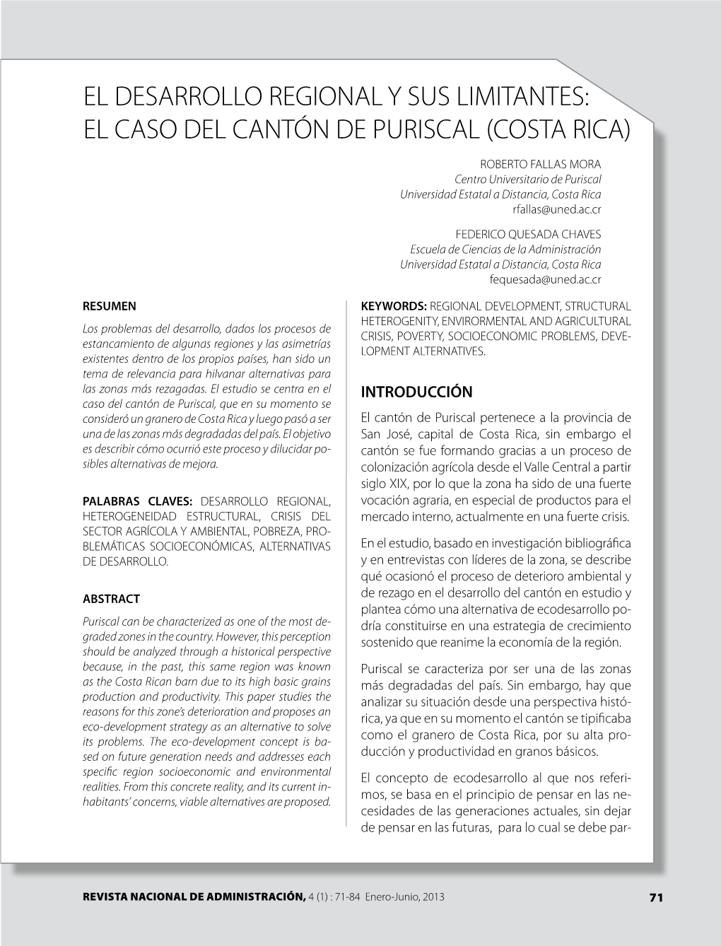 El Desarrollo Regional Y Sus Limitantes: El Caso Del Cantón De Puriscal (Costa Rica)