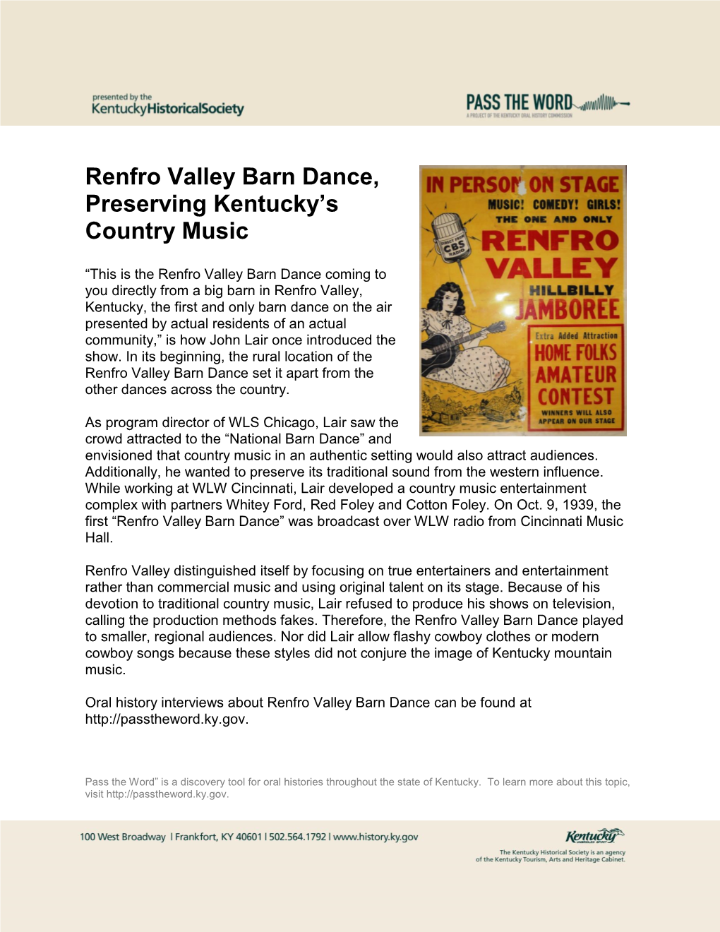Renfro Valley Barn Dance, Preserving Kentucky's Country Music