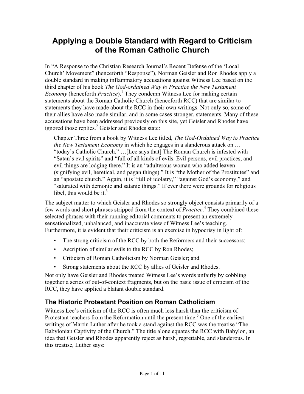 Applying a Double Standard with Regard to Criticism of the Roman Catholic Church