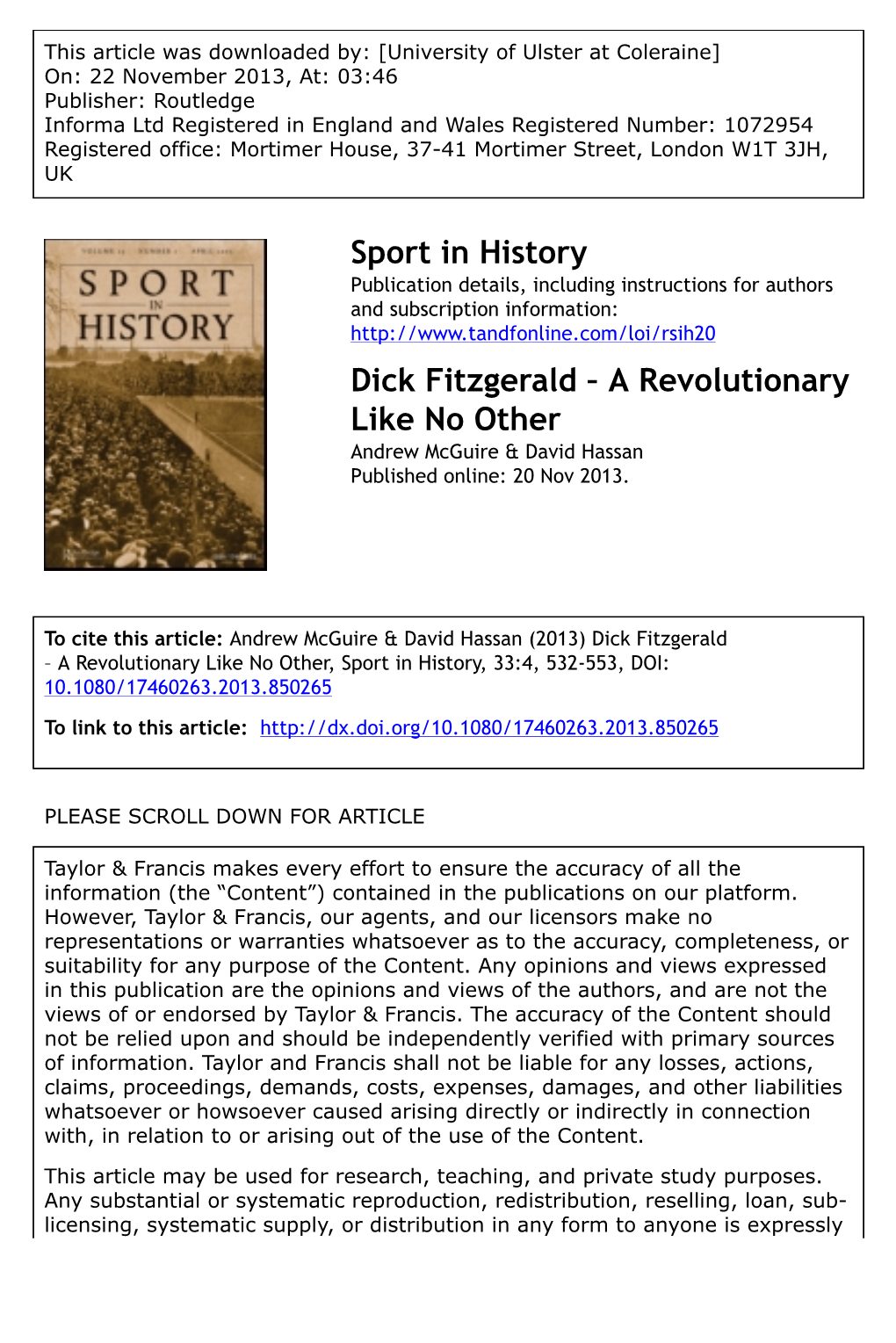 Dick Fitzgerald – a Revolutionary Like No Other Andrew Mcguire & David Hassan Published Online: 20 Nov 2013