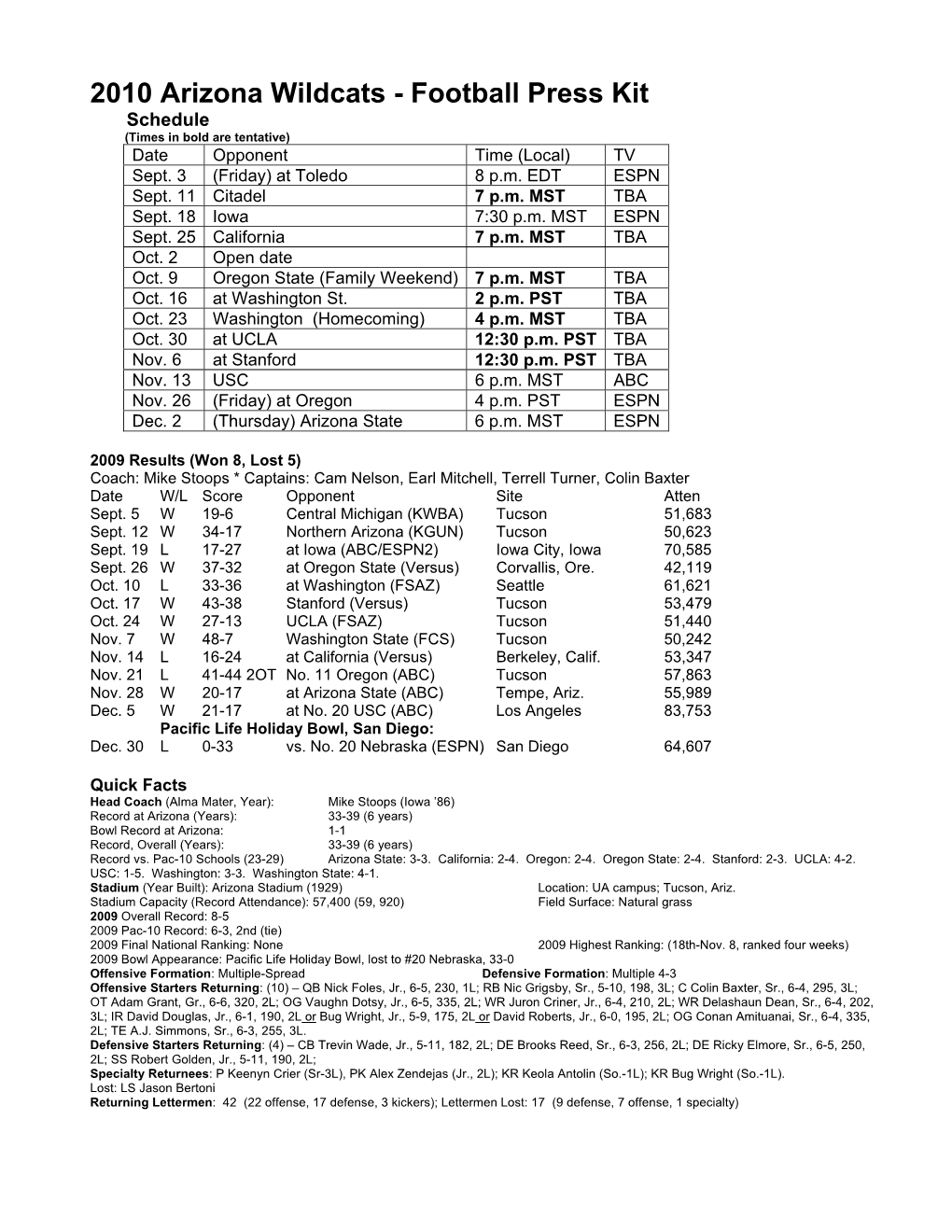 2010 Arizona Wildcats - Football Press Kit Schedule (Times in Bold Are Tentative) Date Opponent Time (Local) TV Sept