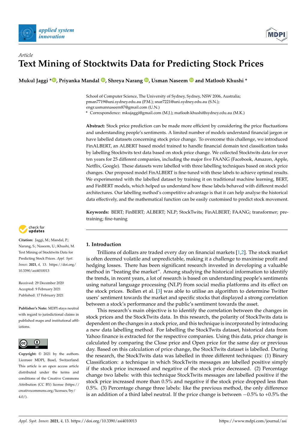 Text Mining of Stocktwits Data for Predicting Stock Prices