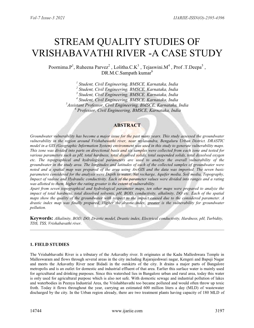 Stream Quality Studies of Vrishabavathi River -A Case Study